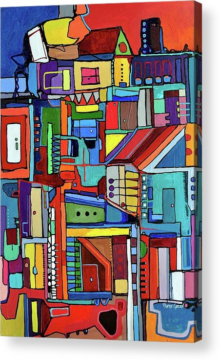 Doors And Windows With Colorful Neighborhood Acrylic Print featuring the painting The neighborhood by Plata Garza