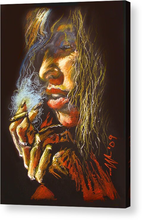 Smoking Acrylic Print featuring the drawing The Smoking Senorita by Christo Wolmarans