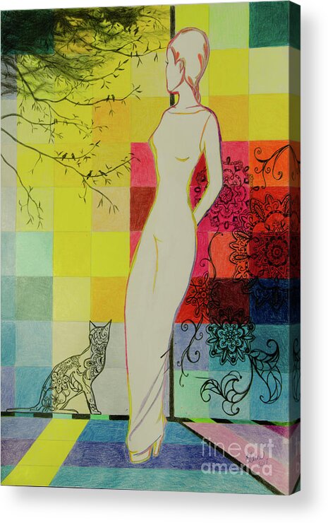 Woman Acrylic Print featuring the drawing Thinking of you by Elaine Berger