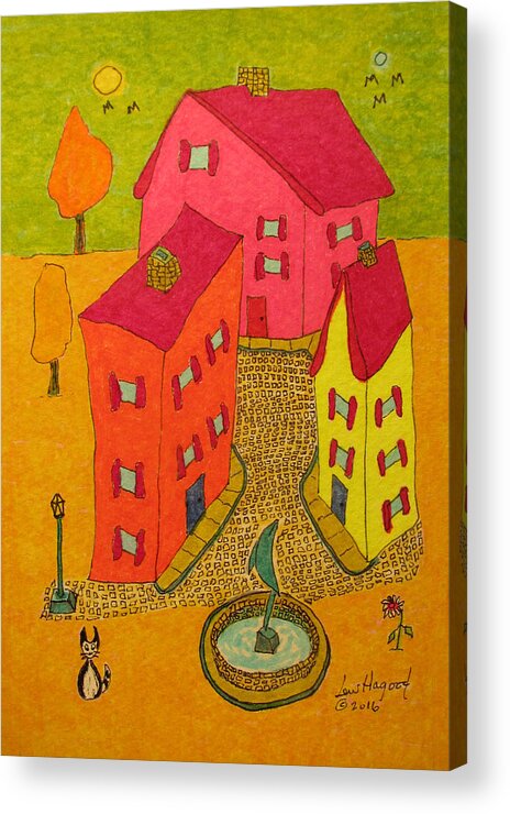Hagood Acrylic Print featuring the painting Three Homes With Sculpture Fountain by Lew Hagood