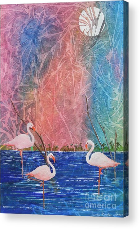 Flamingos Acrylic Print featuring the painting Three Pink Flamingos by Jackie Mueller-Jones