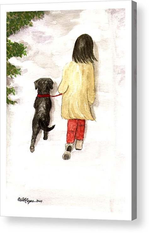 Lab Acrylic Print featuring the painting Together - Black Labrador and Woman Walking by Amy Reges
