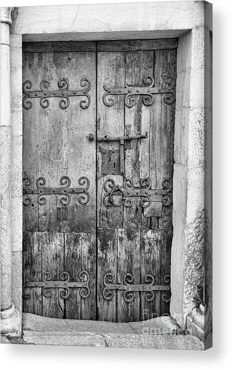 France Acrylic Print featuring the photograph Villefranche de Conflent Old Door Black White France by Chuck Kuhn
