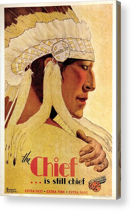 Indian Chief Acrylic Print featuring the painting Vintage Illustration of an Indian Chief - The Chief is still chief - Indian Headgear - Retro Poster by Studio Grafiikka