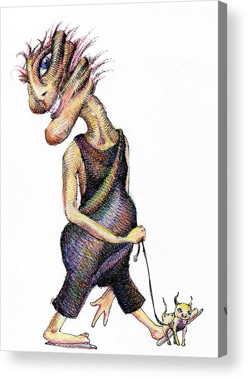 Whimsies Acrylic Print featuring the drawing Walk the Dog by Mark Johnson