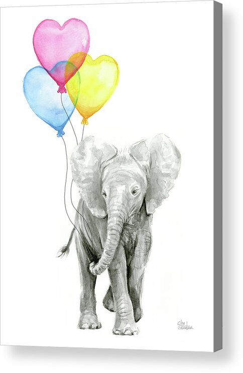 Elephant Acrylic Print featuring the painting Watercolor Elephant with Heart Shaped Balloons by Olga Shvartsur