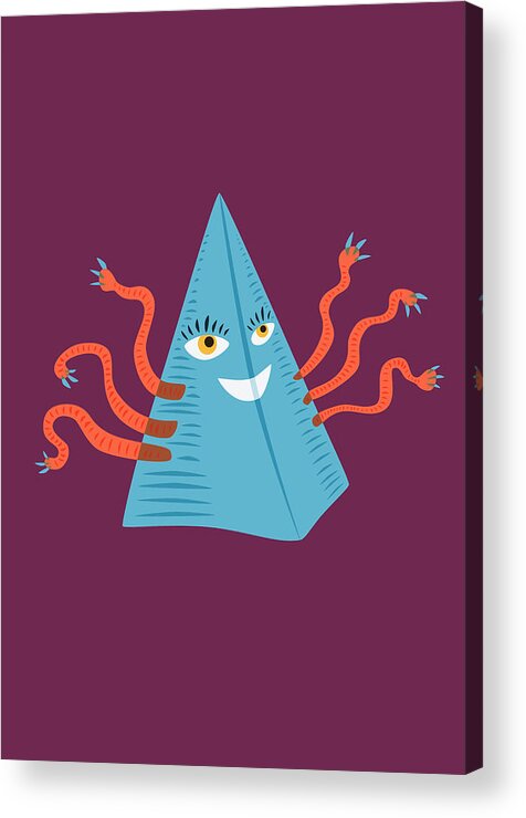 Pyramid Acrylic Print featuring the digital art Weird Blue Pyramid Character With Tentacles by Boriana Giormova