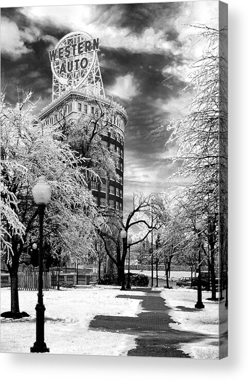 Western Auto Kansas City Acrylic Print featuring the photograph Western Auto In Winter by Steve Karol