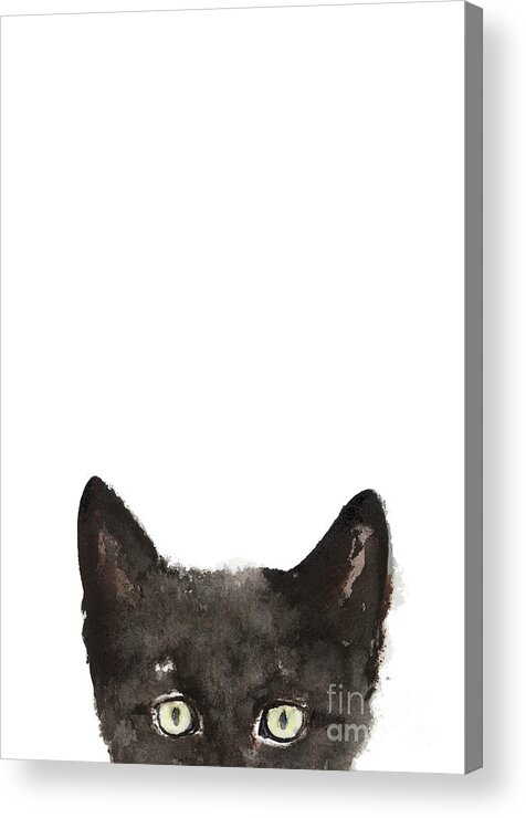  Painting Acrylic Print featuring the painting Whimsical Cat Poster, Funny Animal Black Cat Drawing, Peeking Cat Art Print, Animals Painting by Joanna Szmerdt