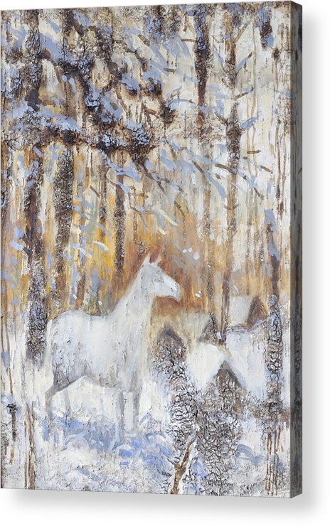 Horse Acrylic Print featuring the painting White Horse in Winter Woods by Ilya Kondrashov
