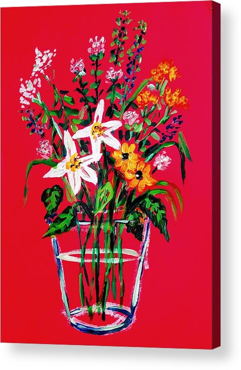 Flowers Acrylic Print featuring the painting Wild flowers in clear vase by Hae Kim