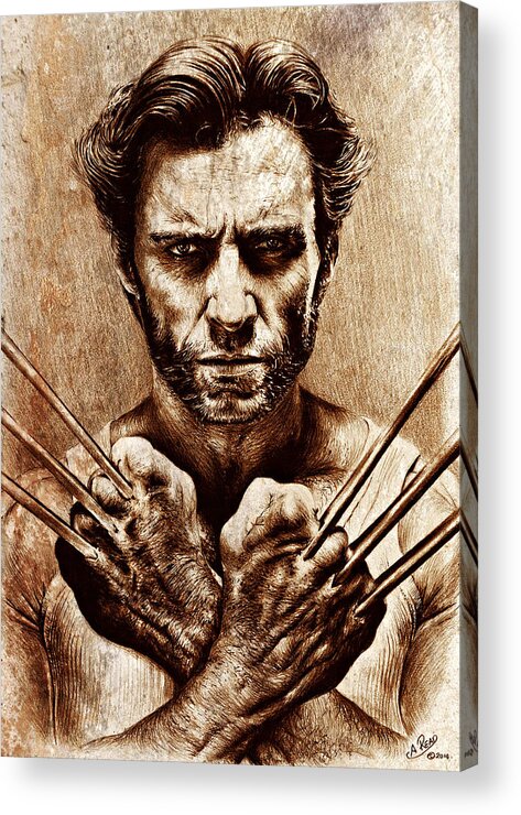 Wolverine Acrylic Print featuring the drawing Hugh Jackman as Wolverine sepia mix by Andrew Read