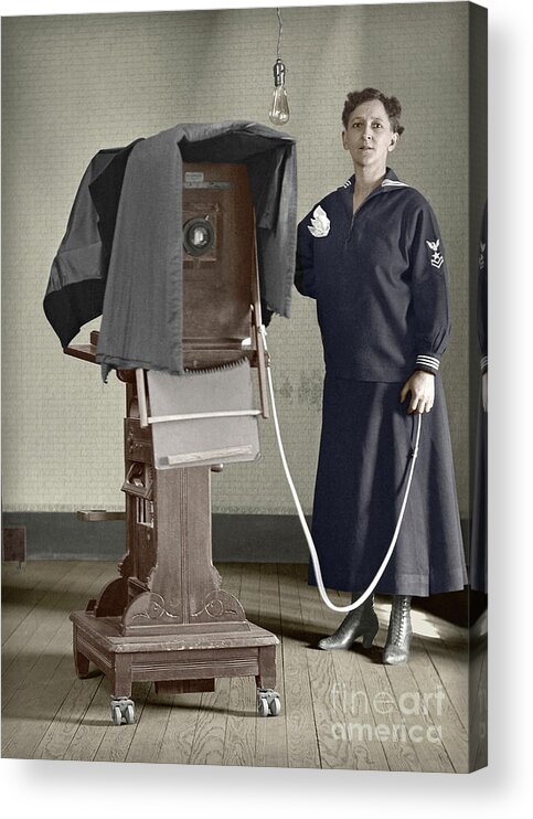 Camera Acrylic Print featuring the photograph Woman photographer with large camera 1900 by Martin Konopacki Restoration