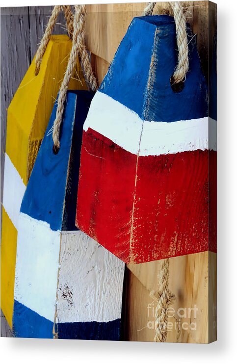 Striped Buoys Acrylic Print featuring the photograph Yellow White Blue Red by Janice Drew