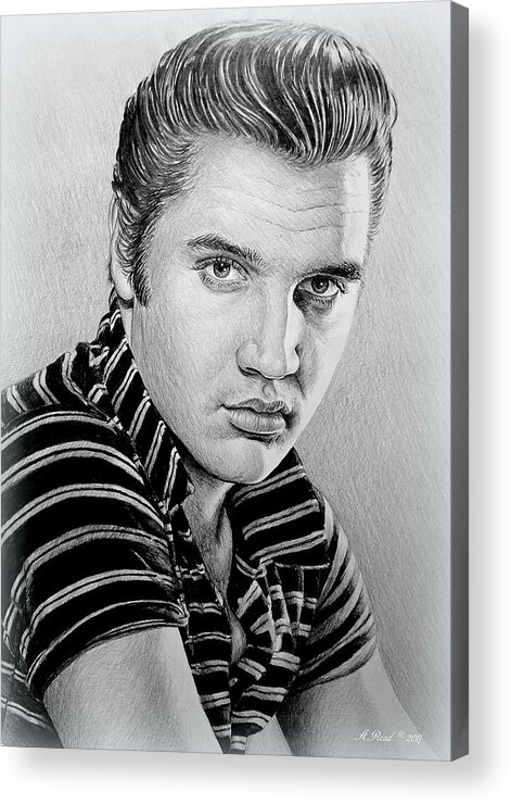 Elvis Acrylic Print featuring the drawing Young Elvis bw by Andrew Read