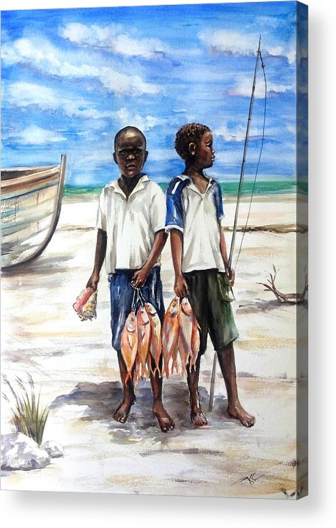 Young Fishermen Acrylic Print featuring the painting Young fishermen by Katerina Kovatcheva