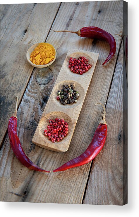 Spice Acrylic Print featuring the photograph Collection of aromatic herbal peeper spices by Michalakis Ppalis