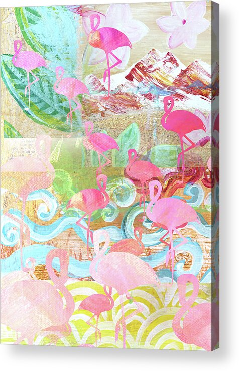 Flamingo Collage Acrylic Print featuring the mixed media Flamingo Collage by Claudia Schoen