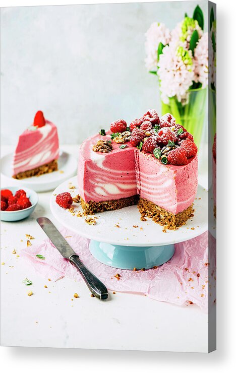 Ip_13401029 Acrylic Print featuring the photograph Zebra Raspberry Cheesecake With A Biscuit Base #1 by Ewgenija Schall