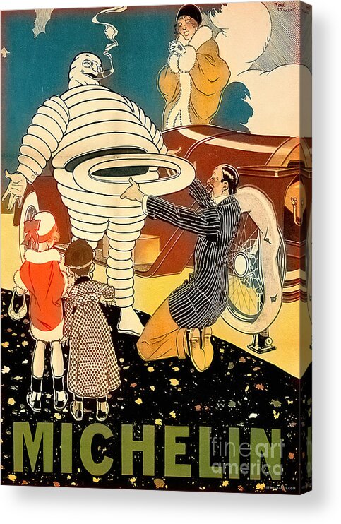Vintage Acrylic Print featuring the mixed media 1920s Michelin Bibendum Tire Man With Car And Children by Retrographs