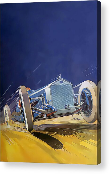 Vintage Acrylic Print featuring the mixed media 1926 Delage Racing Car At Speed Dramatic Perspective Original French Art Deco Illustration by Retrographs