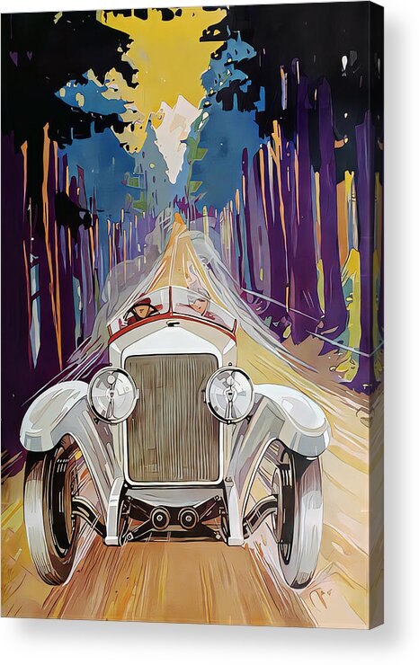 Vintage Acrylic Print featuring the mixed media 1927 Voison With Couple In Mountain Setting Original French Art Deco Illustration by Retrographs