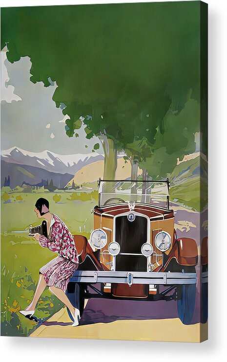 Vintage Acrylic Print featuring the mixed media 1929 Woman Photographer With Touring Car In Country Setting Original French Art Deco Illustration by Retrographs