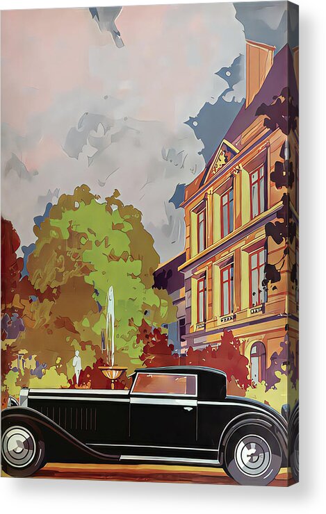 Vintage Acrylic Print featuring the mixed media 1931 Isotta Fraschini Coupe City Setting Original French Art Deco Illustration by Retrographs