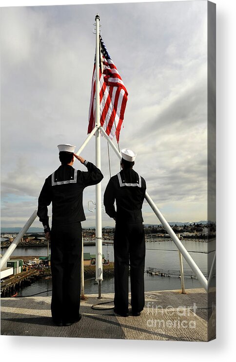 Pole Acrylic Print featuring the photograph Sailors Raise The National Ensign #2 by Stocktrek Images
