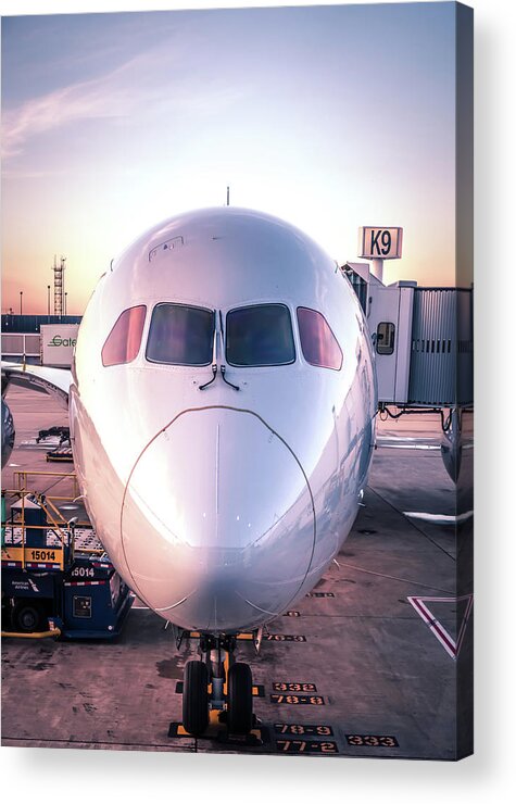 Air Acrylic Print featuring the photograph Airplane near the terminal in an airport at the sunset #8 by Alex Grichenko