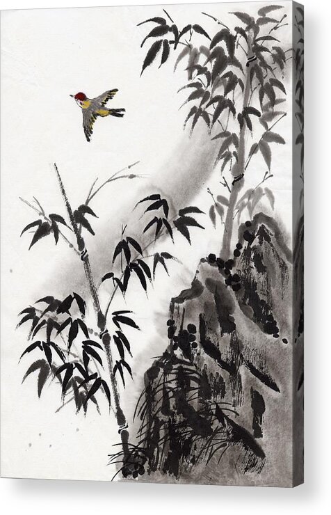 Scenics Acrylic Print featuring the digital art A Bird And Bamboo Leaves, Ink Painting by Daj
