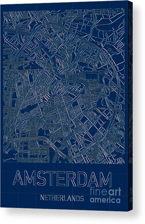 Amsterdam Acrylic Print featuring the digital art Amsterdam Blueprint City Map by HELGE Art Gallery