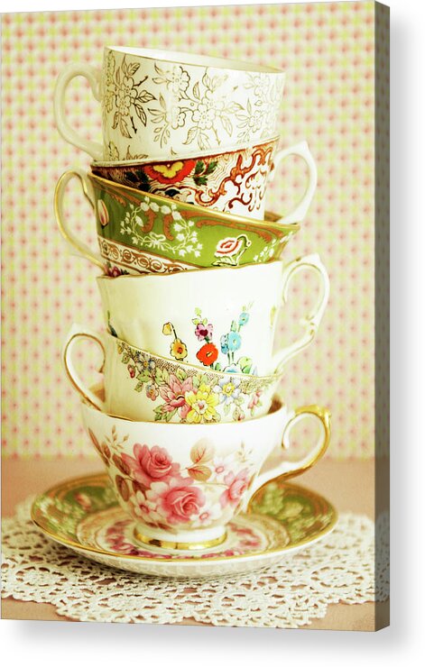 Antique Cups And Saucers 01 Acrylic Print featuring the photograph Antique Cups And Saucers 01 by Tom Quartermaine