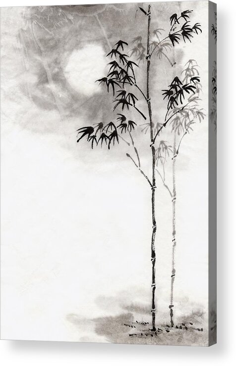 Scenics Acrylic Print featuring the digital art Bamboos And Moon, Ink Painting, Vignette by Daj