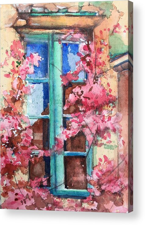 Watercolor Window Acrylic Print featuring the painting Bougainvillea reflections by Rebecca Matthews