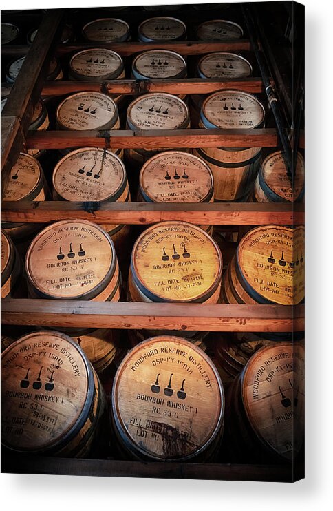 Bourbon Acrylic Print featuring the photograph Bourbon Barrels in the Rick by Susan Rissi Tregoning