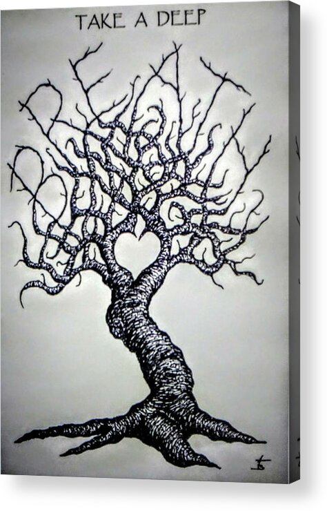 Yoga Acrylic Print featuring the drawing Breathe Love Tree - blk/wht by Aaron Bombalicki