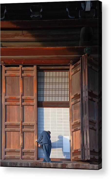 Working Acrylic Print featuring the photograph Buddhist Monk At Kyotos Chion-in Temple by B. Tanaka