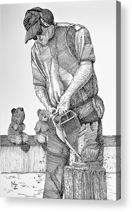 Sculpture Acrylic Print featuring the drawing Chainsaw Sculpting by Margaret Zabor