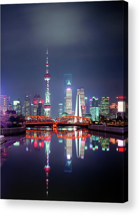 Corporate Business Acrylic Print featuring the photograph China, Shanghai Skyline At Night by Martin Puddy