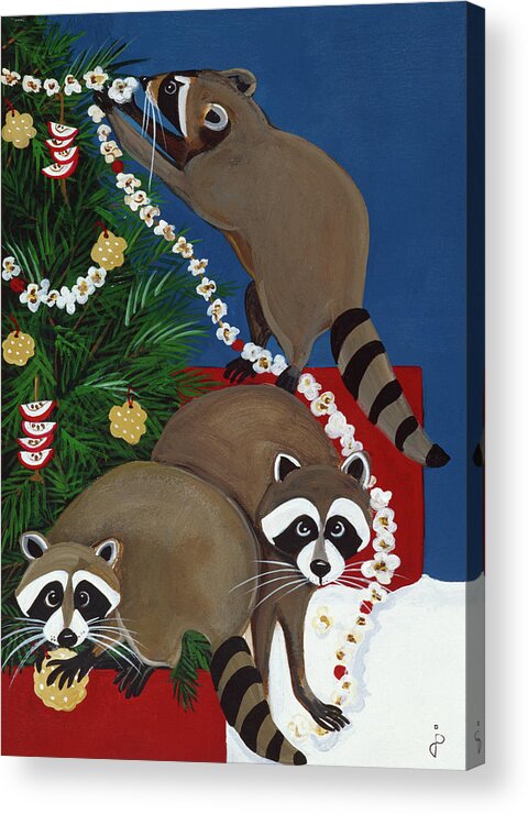 Three Raccoons Decorating A Christmas Tree With Popcorn Acrylic Print featuring the painting Jp18 by Jan Panico