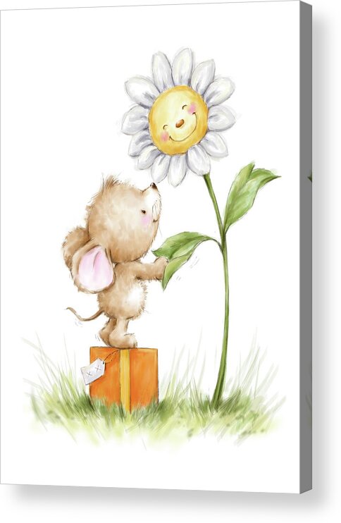 Mouse And Flower Acrylic Print featuring the mixed media Mouse And Flower by Makiko
