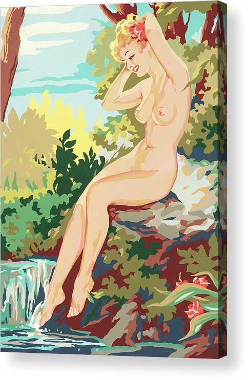 Bare Acrylic Print featuring the drawing Naked woman at stream by CSA Images