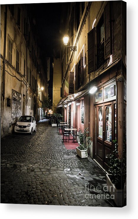 Italy Acrylic Print featuring the photograph Pizzeria in Abandoned Street at Night in Rome in Italy by Andreas Berthold