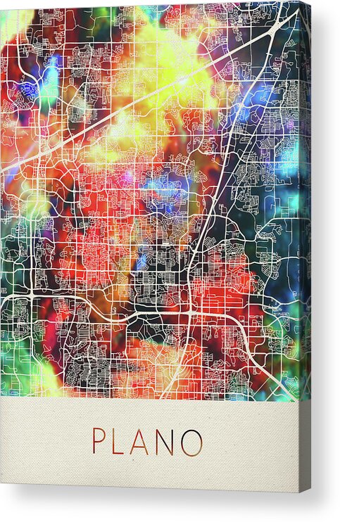 Plano Acrylic Print featuring the mixed media Plano Texas Watercolor City Street Map by Design Turnpike