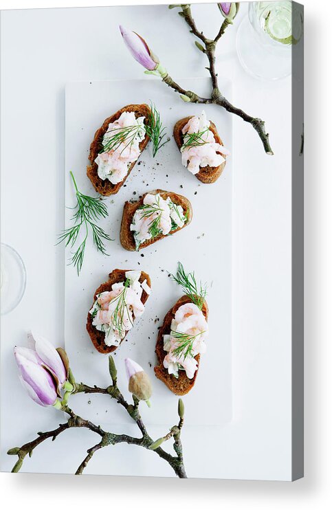 White Background Acrylic Print featuring the photograph Plate Of Bread With Shrimp Topping by Line Klein