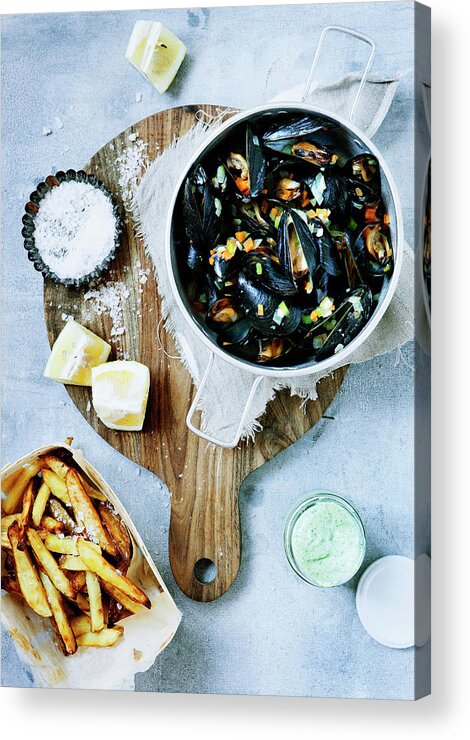 Cutting Board Acrylic Print featuring the photograph Platter Of Steamed Mussels And Fries by Line Klein