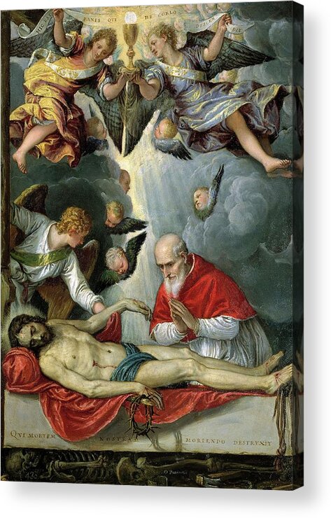 Parrasio Michele Acrylic Print featuring the painting 'Pope Pius V worshipping the body of Christ', 1572-1575, Italian School, Oil o... by Parrasio Micheli -c 1515-1578-