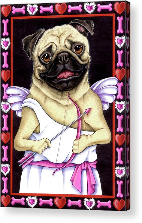 Pug Cupid Acrylic Print featuring the mixed media Pug Cupid by Tomoyo Pitcher