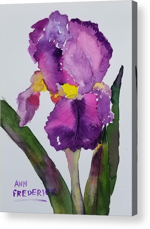 Purple Acrylic Print featuring the painting Purple Bearded Iris by Ann Frederick